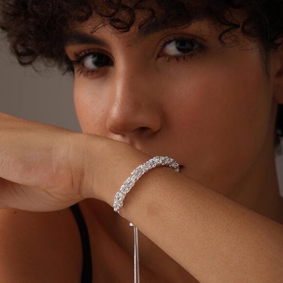 Sterling Silver Bolo Bracelet Italian Handmade Byzantine Adjustable Chain Women - Picture 2 of 7